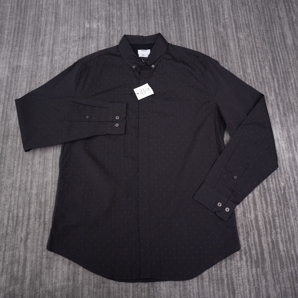 DKNY Button Down Shirt Mens Medium Black Gold Micro Dot NEW Long Sleeve
